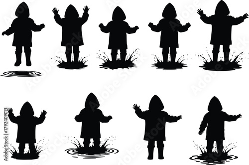 Flat vector, child in raincoat, jumping puddles, silhouette splash motion, rainy day play, hooded kid, wet weather activity illustration