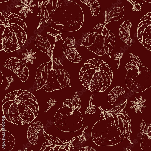 A hand-drawn line art seamless pattern with tangerines, cloves, and star anise on a red. Minimalist graphic illustration is perfect for Christmas packaging, mulled wine labels, festive textile design.