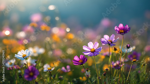 Fototapeta Naklejka Na Ścianę i Meble -  Delicate cosmos flowers bloom in a sunlit meadow wildflowers purple