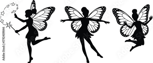 Fairy silhouette, magical wings, fantasy character, flying fairy, enchanted woman, mystical illustration, magic wand, fairy tale art, whimsical design, vector