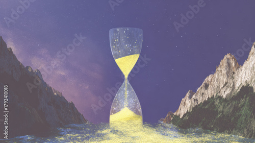 Giant surreal hourglass with yellow sand suspended over mountain landscape. tranquil fantasy concept showing passage of time