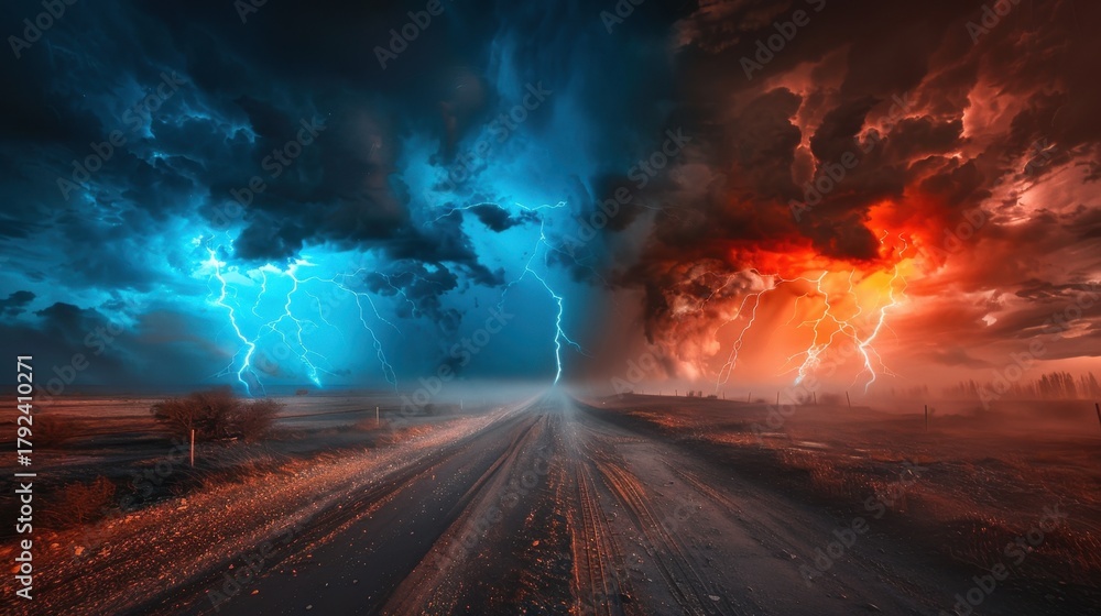 Naklejka premium A dramatic landscape featuring a road under a stormy sky. Lightning strikes illuminate dark clouds in contrasting blue and red hues.
