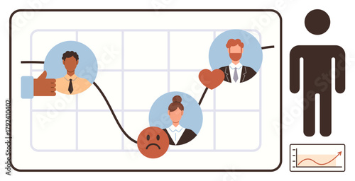 Graph featuring fluctuating emotions, team avatars, thumbs-up, and heart icons. Ideal for teamwork, feedback, emotion tracking, productivity analysis, growth performance review employee engagement