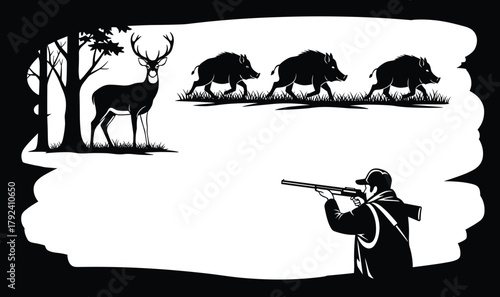 Hunting silhouette illustration, forest deer, wild boar running, hunter aiming rifle, bear walking woods, duck standing trees, outdoor wildlife vector design artwork
