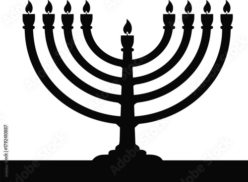 Jewish menorah silhouette, Hanukkah candelabrum vector, nine branch candle holder design, cultural heritage symbol, religious holiday illustration, traditional flame celebration template