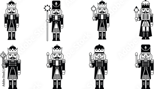 Nutcracker soldier vector illustration, black and white Christmas decoration, festive holiday toy, traditional wooden figurine artwork, vintage silhouette design, seasonal ornament