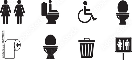 Collection of restroom and toilet icons, including accessibility and trash bin