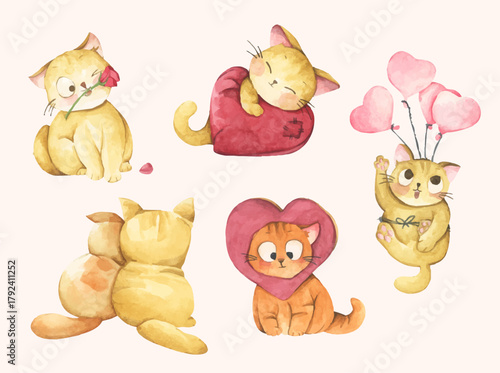 Cute Watercolor Cat Characters, Lovely Pet Couple in Love for Valentine and Wedding Design