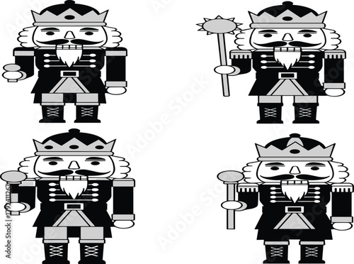Nutcracker soldier vector illustration, black and white Christmas decoration, festive holiday toy, traditional wooden figurine artwork, vintage silhouette design, seasonal ornament