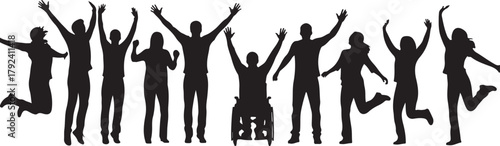 Diverse group of people celebrating with raised arms and joyful poses