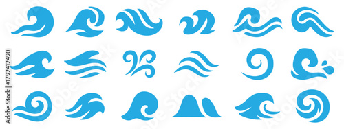 Sea wave icon set vector. Water tribal tidal streams with breeze swirls. Water waves, ocean wave and splashes nautical storm symbol. vector illustration.