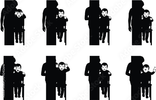 Flat vector, child and adult silhouette, emotional interaction sequence, growth stages illustration, family bond concept, expressive pose design, development theme