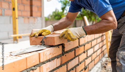 Bricklaying action with red bricks, mortar, and construction gloves