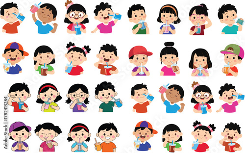 Cute cartoon children drinking colorful beverages with straws, happy kids enjoying drinks, playful illustration of diverse boys and girls sipping refreshments