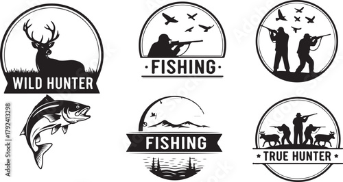 Hunting and Fishing Emblems: Deer, Fish, Hunters, and Birds in Silhouettes