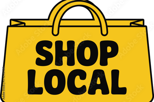 A yellow shopping bag with the words "SHOP LOCAL" written in bold black letters.