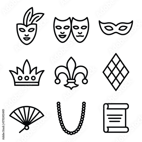 Mardi Gras carnival icons for masquerade and celebration mask crown