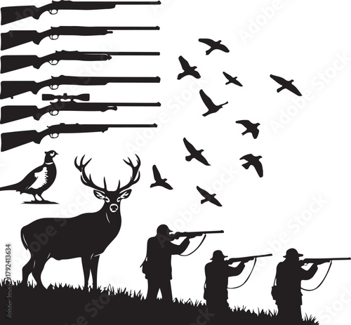 Hunting Scene Silhouettes: Deer, Birds, Hunters, and Rifles