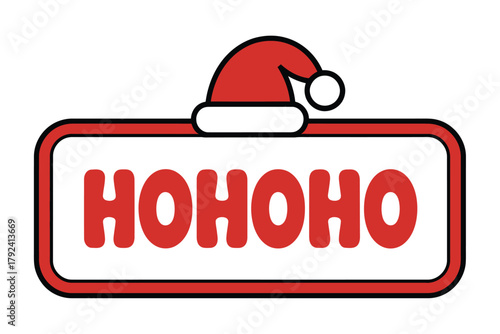 A festive sign displaying the word HOHOHO with a Santa hat placed on top, suggesting a Christmas theme.