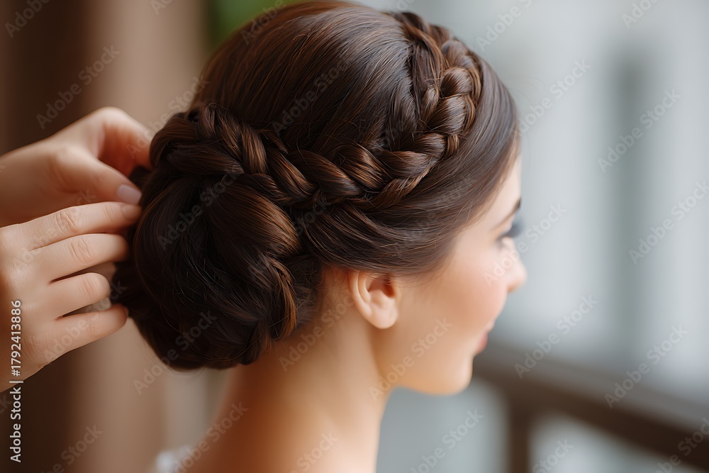 Naklejka premium Beautiful and intricate braided updo for a bride, showcasing sophisticated wedding hair design