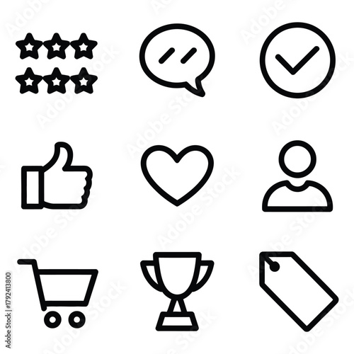 Nine icons for customer feedback and online shopping on white background stars rating
