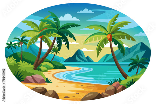 vector illustration, cartoon tropical beach landscape with palm trees, turquoise sea and golden sand, isolated on pure white background, completely white sky