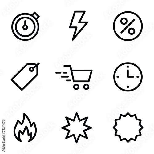Sale Icons Stopwatch Lightning Bolt Percentage Tag Shopping Cart Clock Fire Burst Starburst