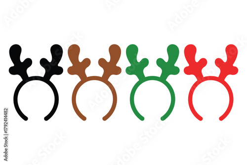 Four festive reindeer antler headbands in red, green, brown, and black are displayed in a row against a white background.