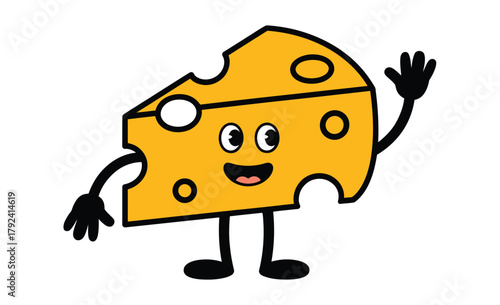 A cheerful cartoon slice of Swiss cheese with a happy face and waving hand is depicted against a white background.