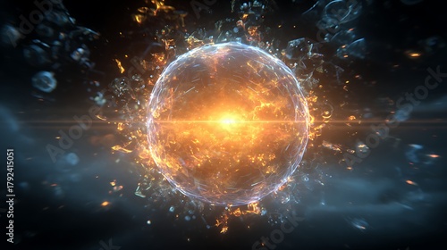 Abstract visualization of a pulsating glowing sphere radiating intense energy and light