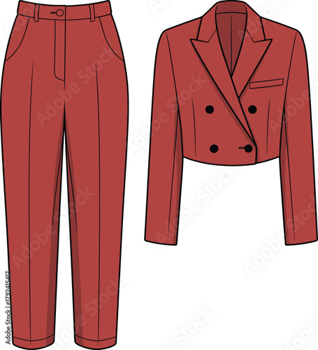 Fashion illustration of women’s suit, red cropped blazer with high waist pants, elegant outfit design, vector clothing sketch, modern style