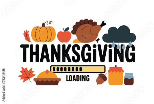 Thanksgiving is loading with a pie, turkey, pumpkin, and falling leaves.