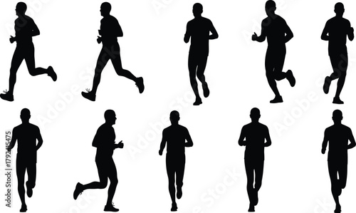 Running person silhouettes in motion sequence, black vector illustration, athletic exercise design, sports training, biomechanics, physical education, fitness, speed symbol