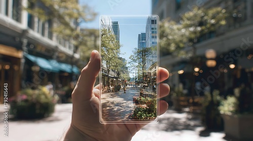 Future technology concept, a hand showing a mobile phone with a digital ar interface overlay