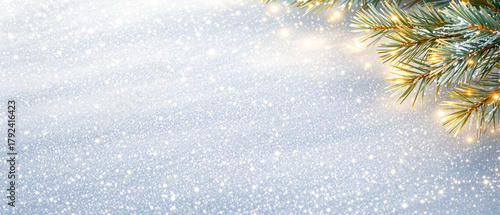 Sparkling snow background with pine branches for Christmas, New Year, winter holiday  