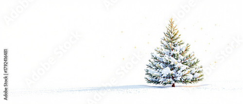 Snow-covered fir tree standing alone in winter landscape, concept of Christmas, New Year, winter holiday  