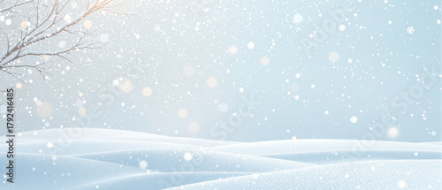 Winter landscape with falling snow and soft blue tones for Christmas  