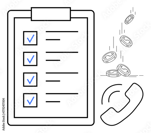 Checklist with completed tasks, phone receiver, and falling coins symbolize productivity, communication, and financial success. Ideal for business, planning, management, budget support