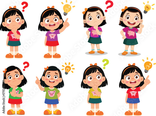 Cute cartoon girl showing thinking expression and bright idea concept, confused child with question mark and happy child with light bulb