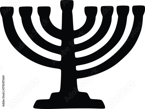 Seven branch menorah silhouette, Jewish religious candelabrum icon, cultural heritage vector design, traditional candle holder illustration, sacred symbol of Judaism template