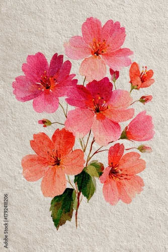 Vintage watercolor floral illustration on textured paper – hand-painted pink and coral blossom bouquet, botanical art print with delicate spring flowers