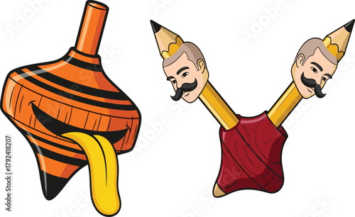 Surreal cartoon illustration spinning top with mischievous face crossed pencils human heads vector art, creative imaginative design for fantasy concept graphics