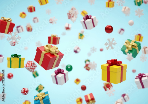 Festive Christmas Gifts Falling and Floating in Air.