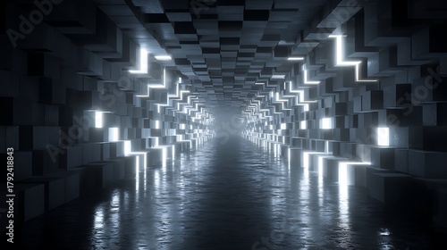 Abstract visualization of an infinite tunnel of glowing geometric cubes extending into darkness