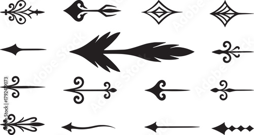 Decorative vintage arrow ornament set with swirl elements, flourish pointers, elegant boho arrow designs