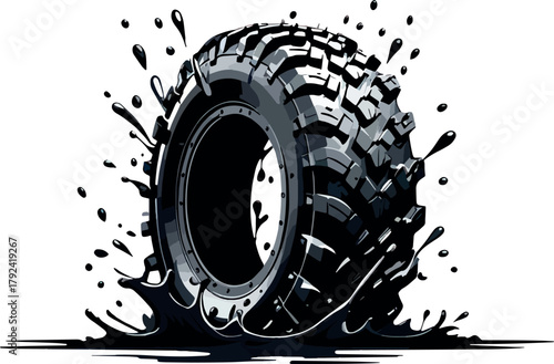 Off-road tire splash vector with rugged tread, mud splatter, 4x4 wheel illustration in bold style