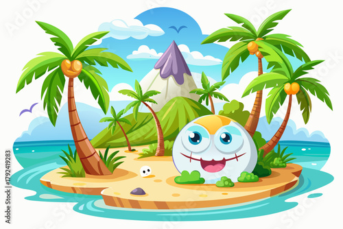 vector illustration, cartoon tropical beach landscape with palm trees, turquoise sea and golden sand, isolated on pure white background, completely white sky