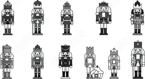 Traditional nutcracker figures collection, grayscale festive holiday decoration soldiers, cultural folklore toy display, ornamental 