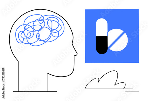 Head outline with tangled brain lines beside a pill and tablet on a blue square. Ideal for healthcare, psychology, therapy, mental health awareness, stress relief, treatment, pharmaceutical. Simple