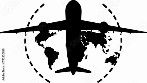 Fly around the world airplane and globe illustration, travel the world destinations icon concept